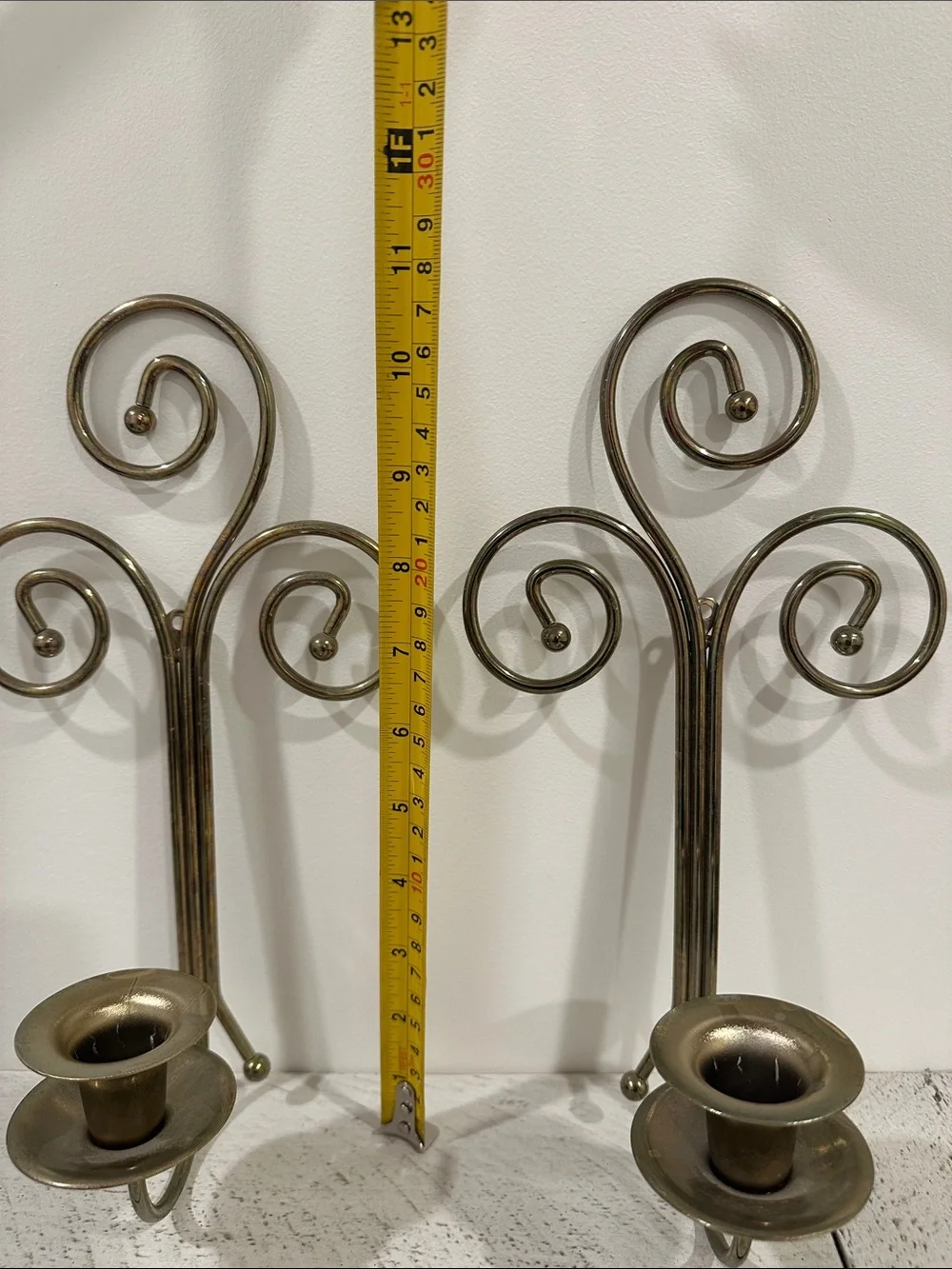 Home Interiors Wall-Mount Scroll Candle Holders in Antique Brass